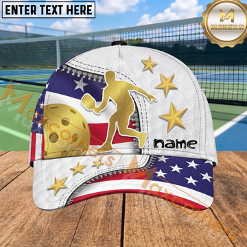 Maxcorners USA Pickleball Cap Gold Player Silhouette American Flag Stars Design Personalized Name 3D Cap