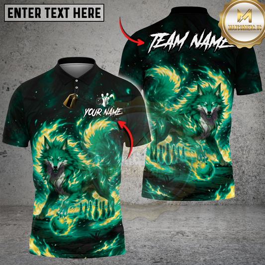 Maxcorners Bowling Fire Fox Nine Tailed Mythical Creature Burning Flame Multi Options Personalized Name, Team Name Unisex 3D Shirt (4 Colors)