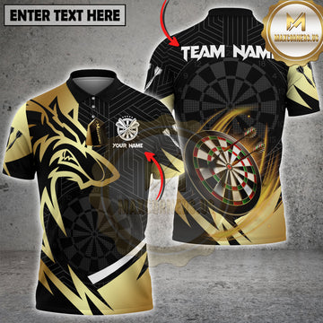 Maxcorners Dart Team Shirt Wolf Gold Black Dartboard Graphic Multi Options Personalized Name, Team Name Unisex 3D Shirt (4 Colors)