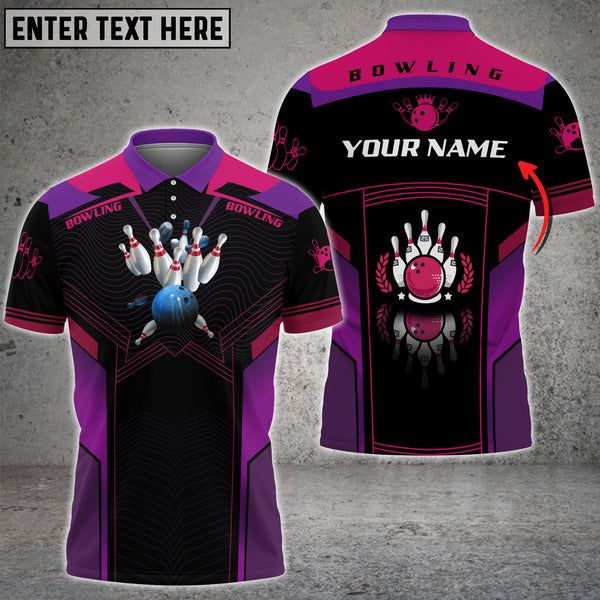 Maxcorners The Blue Bowling Ball Crashing The Pins Purple Pattern Personalized Name 3D Shirt
