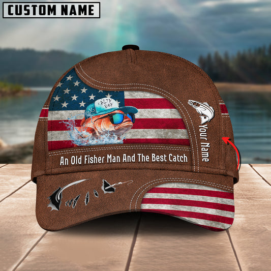 Maxcorners Striped Bass Fishing US Flag Personalized Name Blue 3D Classic Cap