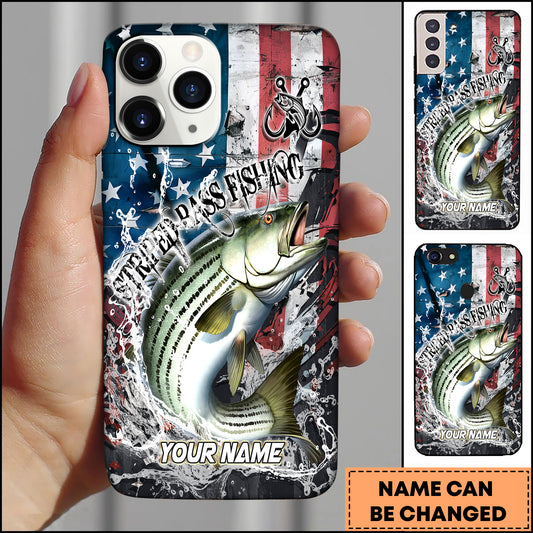 Maxcorners Striped Bass Fishing Vintage American Flag Grunge Splash Art Personalized Name Phone Case