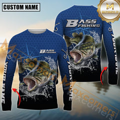 Maxcorners Bass Fishing Jumping Fish Splash Effect Personalized Name 3D Long Sleeve Shirt