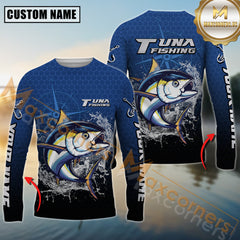 Maxcorners Tuna Fishing Jumping Fish Splash Effect Personalized Name 3D Long Sleeve Shirt