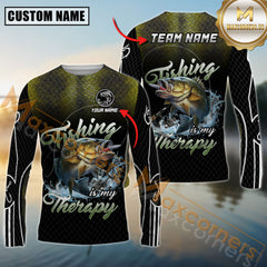 Maxcorners Fishing Shirt Bass Graphic Therapy Quote Dark Camo Personalized Name, Team Name 3D Long Sleeve Shirt