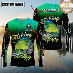 Maxcorners Fishing Shirt MahiMahi Graphic Therapy Quote Dark Camo Personalized Name, Team Name 3D Long Sleeve Shirt