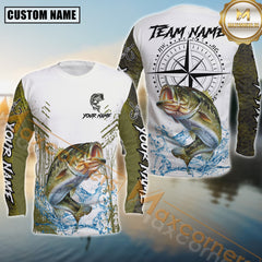 Maxcorners Bass Fishing Shirt Compass Design Splash Effect White-Green Personalized Name, Team Name 3D Long Sleeve Shirt