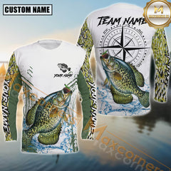 Maxcorners Crappie Fishing Shirt Compass Design Splash Effect White-Green Personalized Name, Team Name 3D Long Sleeve Shirt