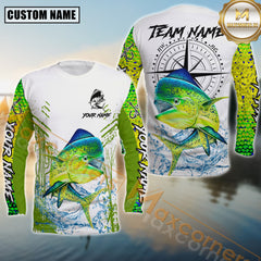 Maxcorners MahiMahi Fishing Shirt Compass Design Splash Effect White-Green Personalized Name, Team Name 3D Long Sleeve Shirt