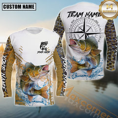 Maxcorners Walleye Fishing Shirt Compass Design Splash Effect White-Green Personalized Name, Team Name 3D Long Sleeve Shirt
