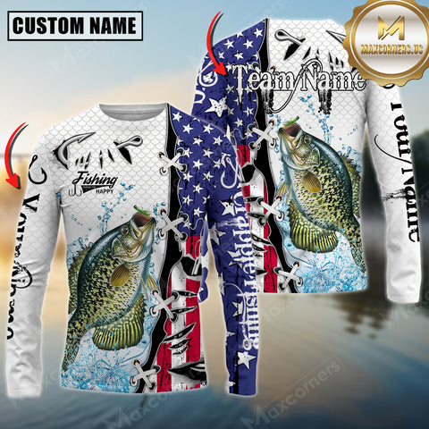 Maxcorners Crappie Fishing American Flag Splash Personalized Name, Team Name 3D Long Sleeve Shirt