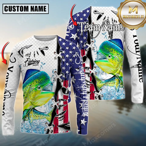 Maxcorners MahiMahi Fishing American Flag Splash Personalized Name, Team Name 3D Long Sleeve Shirt