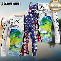 Maxcorners MahiMahi Fishing American Flag Splash Personalized Name, Team Name 3D Long Sleeve Shirt