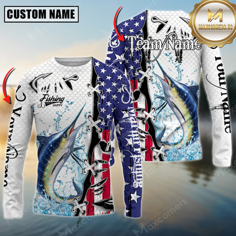 Maxcorners Marlin Fishing American Flag Splash Personalized Name, Team Name 3D Long Sleeve Shirt