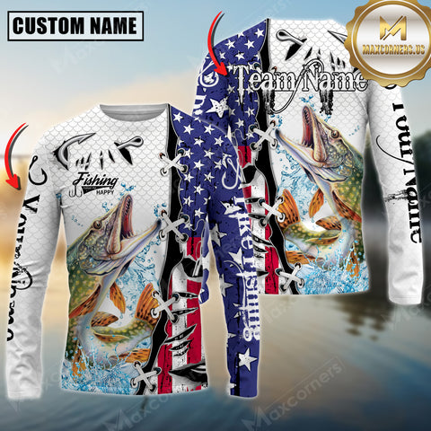 Maxcorners Pike Fishing American Flag Splash Personalized Name, Team Name 3D Long Sleeve Shirt