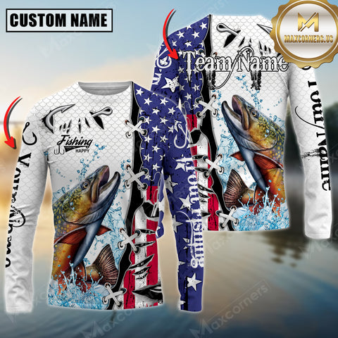 Maxcorners Trout Fishing American Flag Splash Personalized Name, Team Name 3D Long Sleeve Shirt