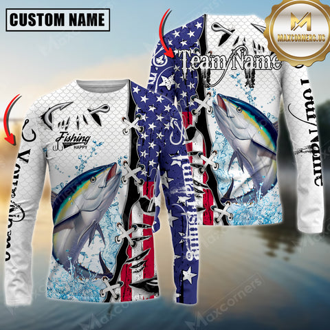 Maxcorners Tuna Fishing American Flag Splash Personalized Name, Team Name 3D Long Sleeve Shirt