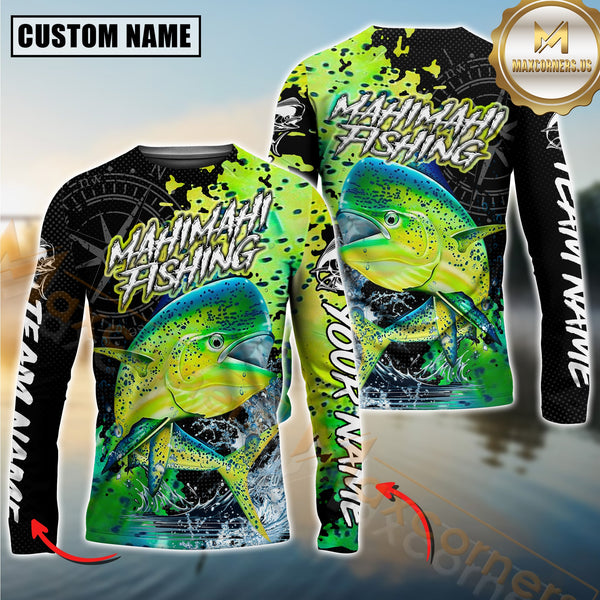 Maxcorners Mahi Mahi Fishing Jumping Fish 3D Printed Personalized Name, Team Name Long Sleeve Fishing Jersey