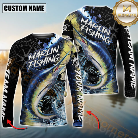 Maxcorners Marlin Fishing Jumping Fish 3D Printed Personalized Name, Team Name Long Sleeve Fishing Jersey
