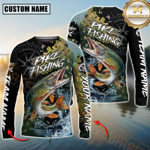 Maxcorners Pike Fishing Jumping Fish 3D Printed Personalized Name, Team Name Long Sleeve Fishing Jersey