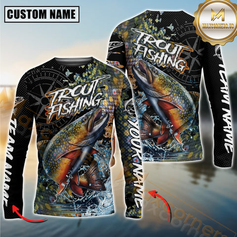Maxcorners Trout Fishing Jumping Fish 3D Printed Personalized Name, Team Name Long Sleeve Fishing Jersey