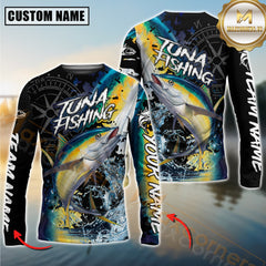 Maxcorners Tuna Fishing Jumping Fish 3D Printed Personalized Name, Team Name Long Sleeve Fishing Jersey