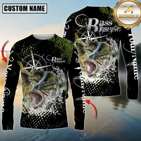 Maxcorners Bass Fishing Compass Splash 3D Personalized Name, Team Name Long Sleeve Shirt