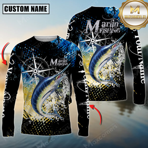 Maxcorners Marlin Fishing Compass Splash 3D Personalized Name, Team Name Long Sleeve Shirt