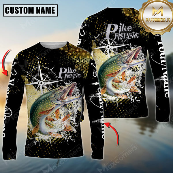 Maxcorners Pike Fishing Compass Splash 3D Personalized Name, Team Name Long Sleeve Shirt