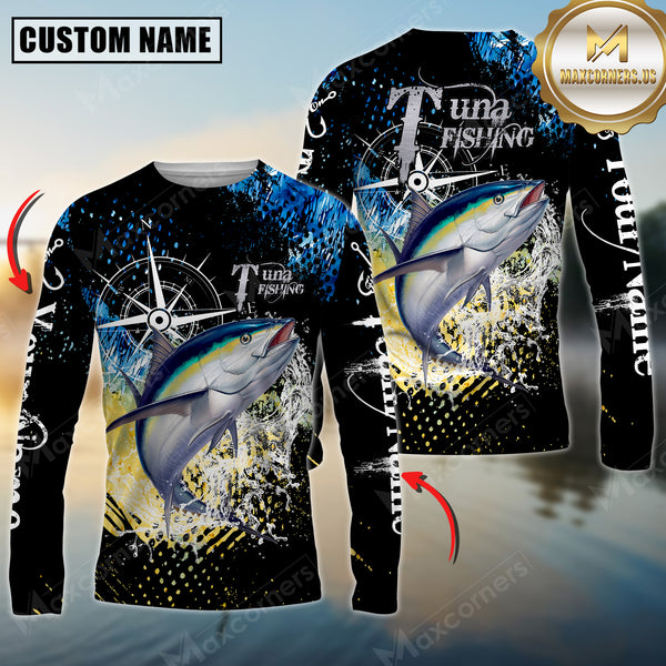 Maxcorners Tuna Fishing Compass Splash 3D Personalized Name, Team Name Long Sleeve Shirt