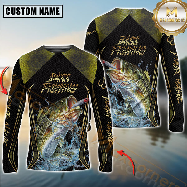 Maxcorners Golden Bass Fishing Shirt Jumping Fish Design Personalized Name, Team Name 3D Long Sleeve Shirt