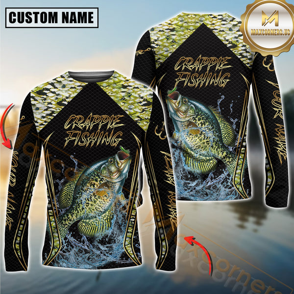Maxcorners Golden Crappie Fishing Shirt Jumping Fish Design Personalized Name, Team Name 3D Long Sleeve Shirt
