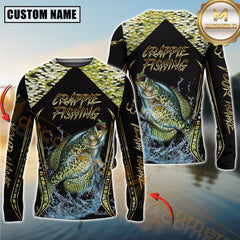 Maxcorners Golden Crappie Fishing Shirt Jumping Fish Design Personalized Name, Team Name 3D Long Sleeve Shirt
