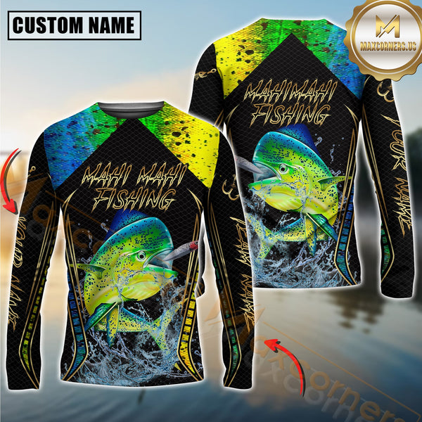 Maxcorners Golden Mahi Mahi Fishing Shirt Jumping Fish Design Personalized Name, Team Name 3D Long Sleeve Shirt