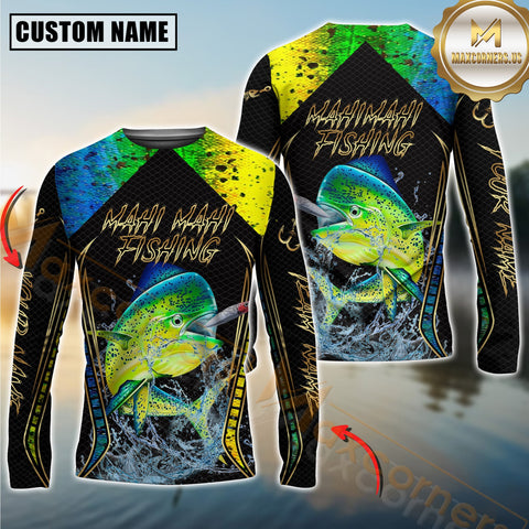 Maxcorners Golden Mahi Mahi Fishing Shirt Jumping Fish Design Personalized Name, Team Name 3D Long Sleeve Shirt