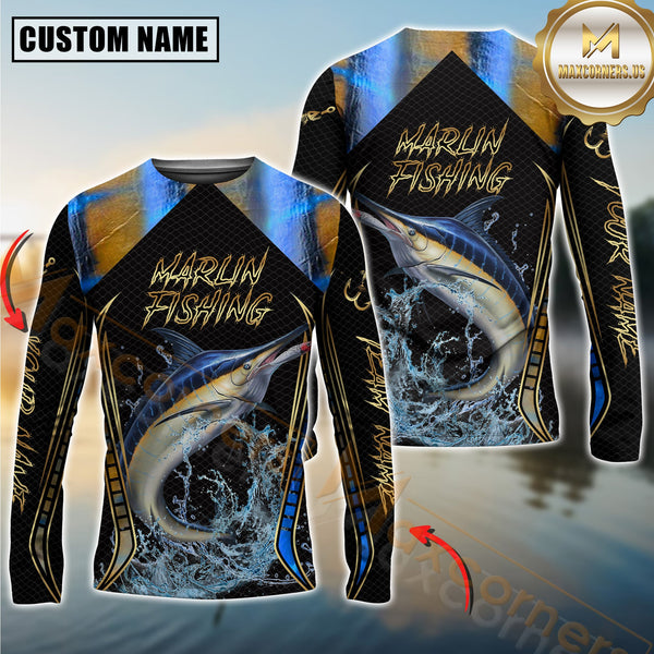 Maxcorners Golden Marlin Fishing Shirt Jumping Fish Design Personalized Name, Team Name 3D Long Sleeve Shirt