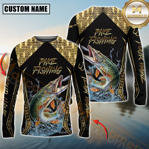 Maxcorners Golden Pike Fishing Shirt Jumping Fish Design Personalized Name, Team Name 3D Long Sleeve Shirt
