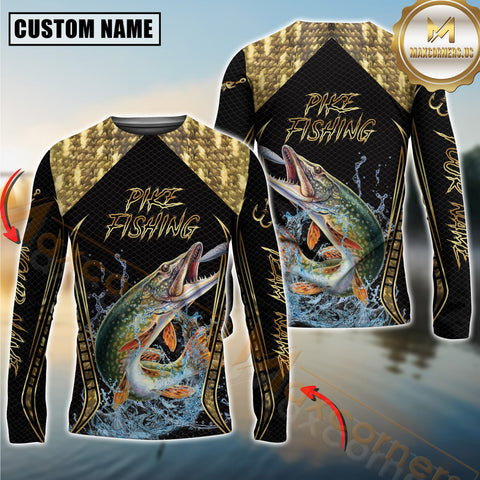 Maxcorners Golden Pike Fishing Shirt Jumping Fish Design Personalized Name, Team Name 3D Long Sleeve Shirt
