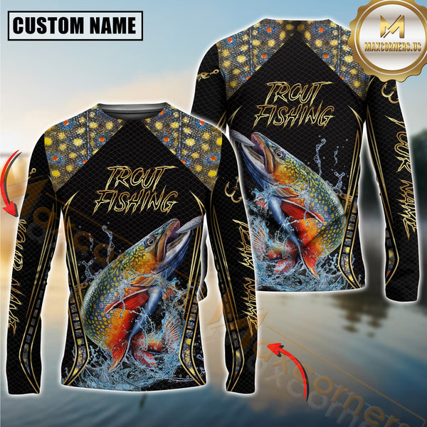 Maxcorners Golden Trout Fishing Shirt Jumping Fish Design Personalized Name, Team Name 3D Long Sleeve Shirt