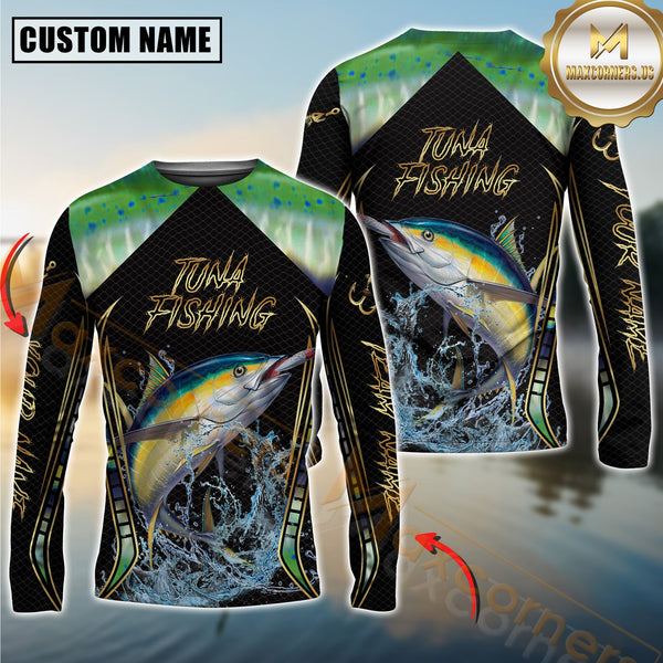 Maxcorners Golden Tuna Fishing Shirt Jumping Fish Design Personalized Name, Team Name 3D Long Sleeve Shirt