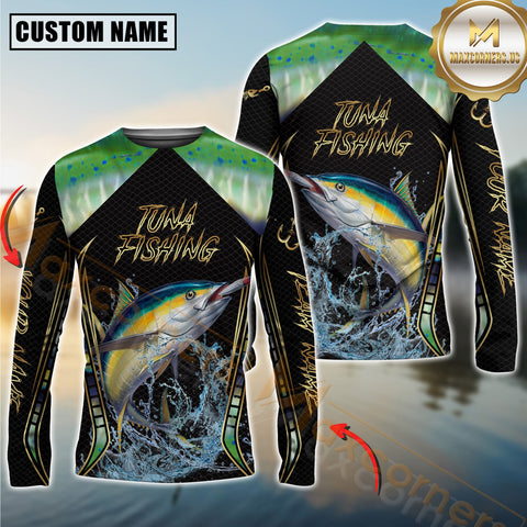 Maxcorners Golden Tuna Fishing Shirt Jumping Fish Design Personalized Name, Team Name 3D Long Sleeve Shirt