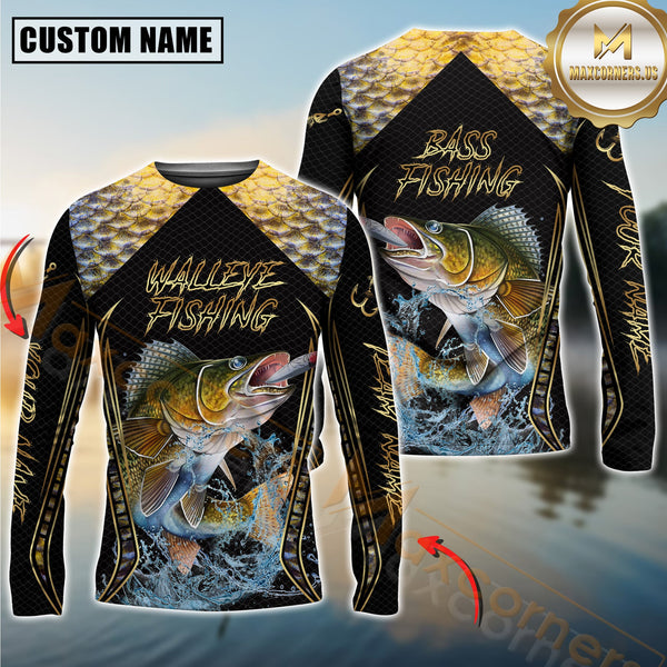 Maxcorners Golden Walleye Fishing Shirt Jumping Fish Design Personalized Name, Team Name 3D Long Sleeve Shirt