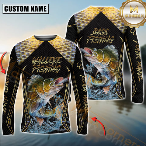 Maxcorners Golden Walleye Fishing Shirt Jumping Fish Design Personalized Name, Team Name 3D Long Sleeve Shirt