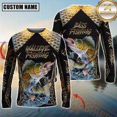 Maxcorners Golden Walleye Fishing Shirt Jumping Fish Design Personalized Name, Team Name 3D Long Sleeve Shirt