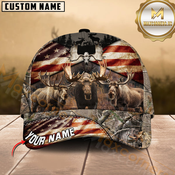 Maxcorners American Flag Moose Hunting Camo Multicolor Options Personalized Name 3D Cap