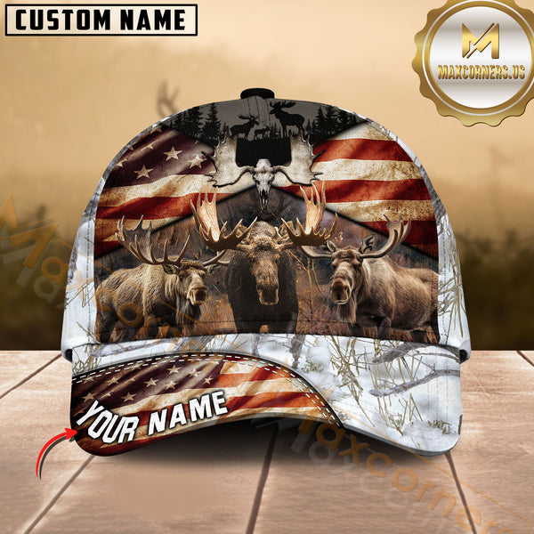 Maxcorners American Flag Moose Hunting Camo Multicolor Options Personalized Name 3D Cap