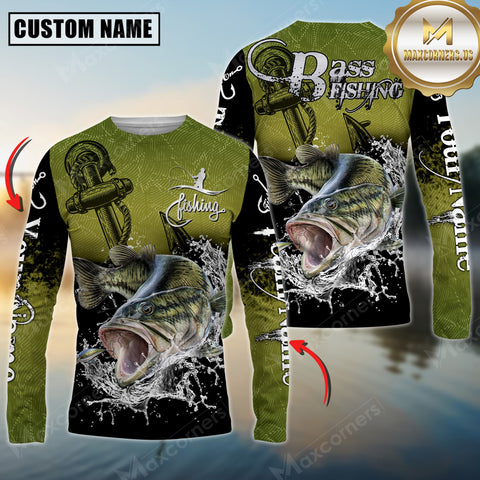 Maxcorners Bass Fishing Anchor Design 3D Printed Personalized Name, Team Name Long Sleeve Fishing Jersey