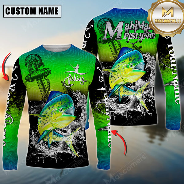 Maxcorners Mahi Mahi Fishing Anchor Design 3D Printed Personalized Name, Team Name Long Sleeve Fishing Jersey