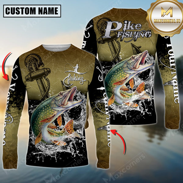 Maxcorners Pike Fishing Anchor Design 3D Printed Personalized Name, Team Name Long Sleeve Fishing Jersey