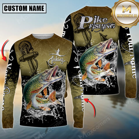 Maxcorners Pike Fishing Anchor Design 3D Printed Personalized Name, Team Name Long Sleeve Fishing Jersey